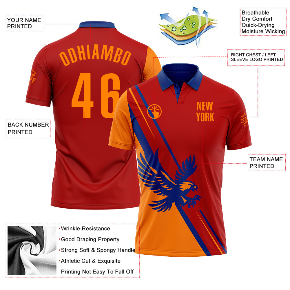 Custom Red Bay Orange-Royal 3D Pattern Design Animal Eagle Performance Polo Shirt view 3
