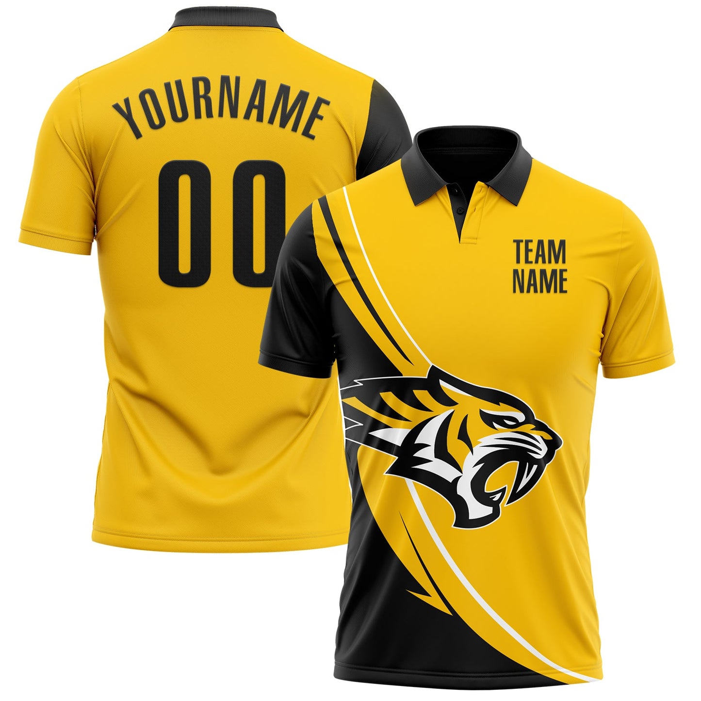 Custom Yellow Black-White 3D Pattern Design Animal Tiger Performance Polo Shirt - Main View