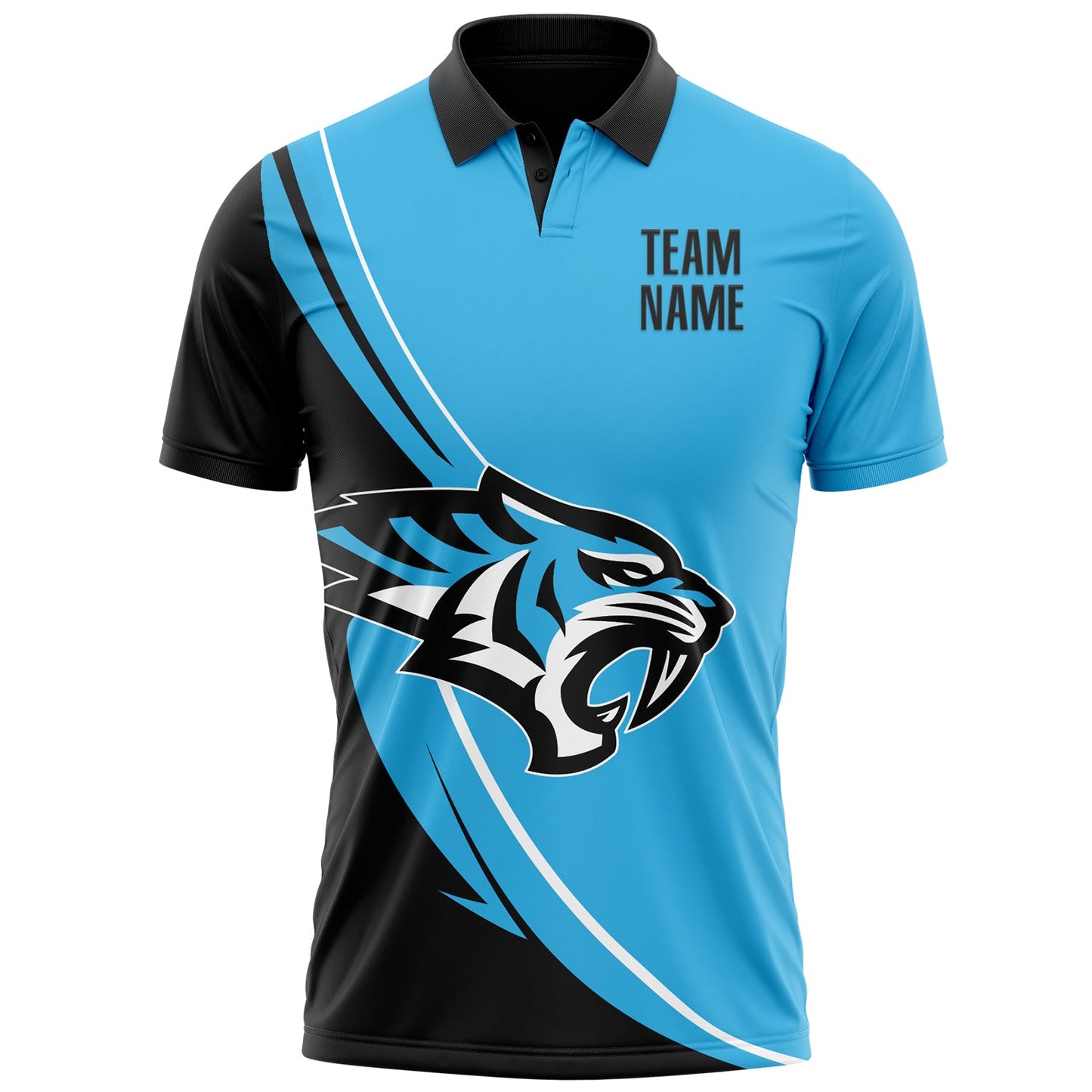 Custom Sky Blue Black-White 3D Pattern Design Animal Tiger Performance Polo Shirt view 2
