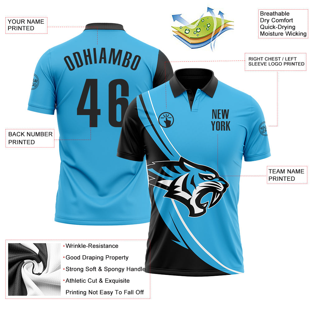 Custom Sky Blue Black-White 3D Pattern Design Animal Tiger Performance Polo Shirt view 3