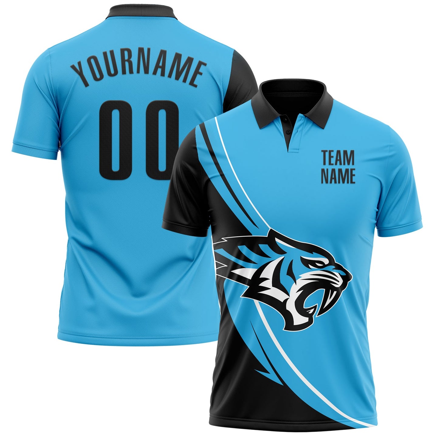 Custom Sky Blue Black-White 3D Pattern Design Animal Tiger Performance Polo Shirt - Main View