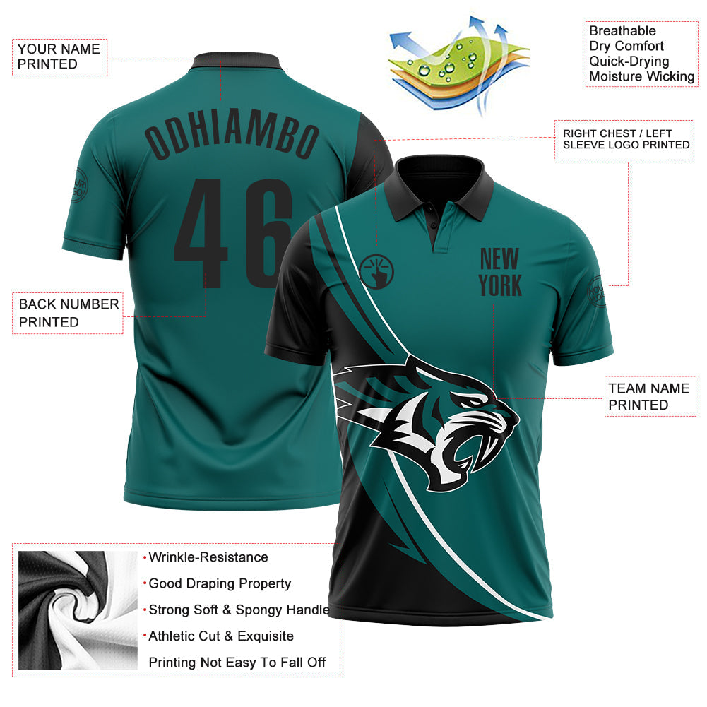 Custom Teal Black-White 3D Pattern Design Animal Tiger Performance Polo Shirt view 3