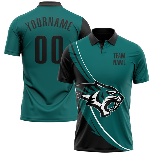 Custom Teal Black-White 3D Pattern Design Animal Tiger Performance Polo Shirt - Main View