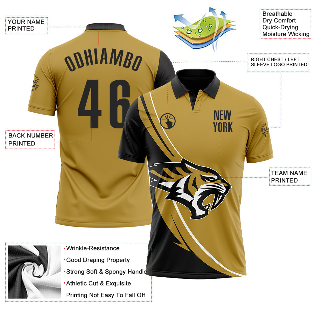 Custom Old Gold Black-White 3D Pattern Design Animal Tiger Performance Polo Shirt view 3