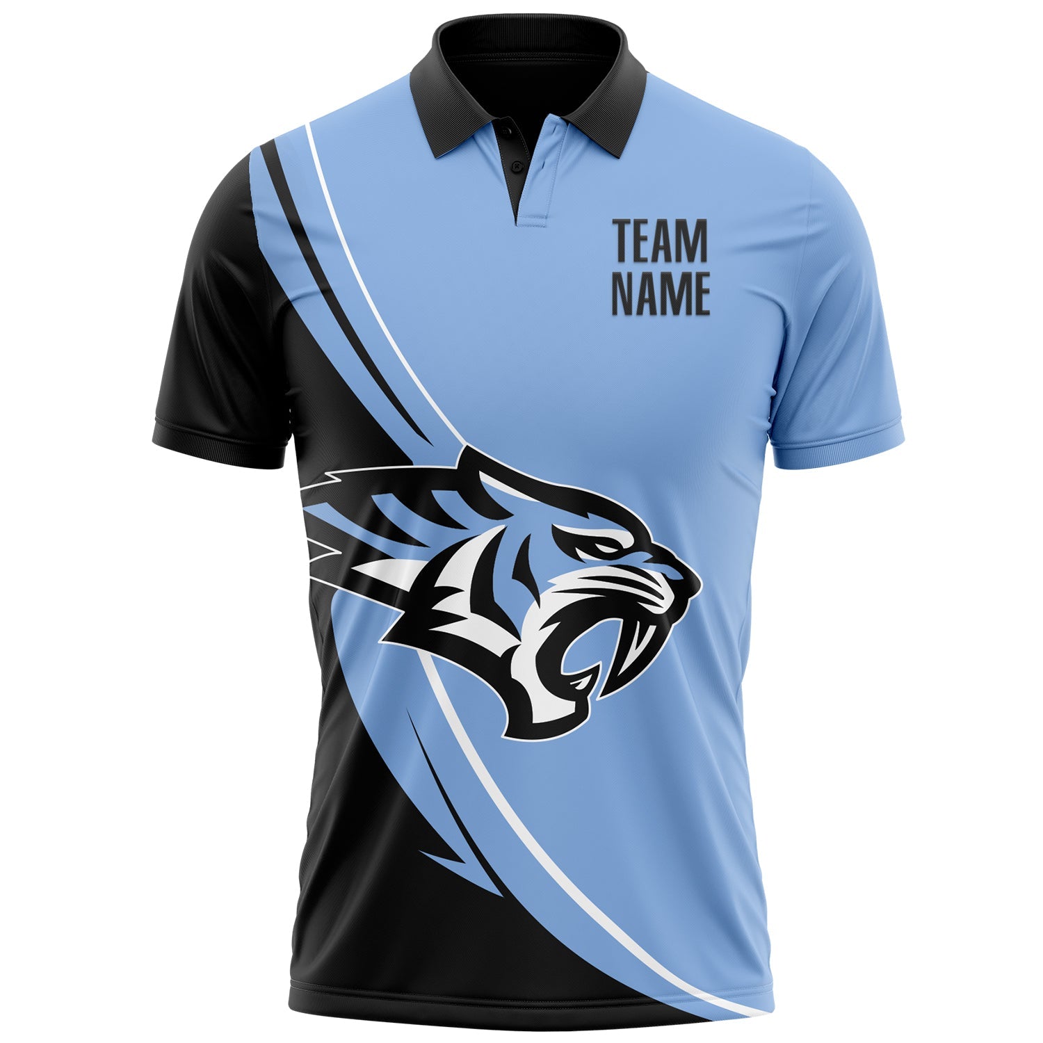 Custom Light Blue Black-White 3D Pattern Design Animal Tiger Performance Polo Shirt view 2