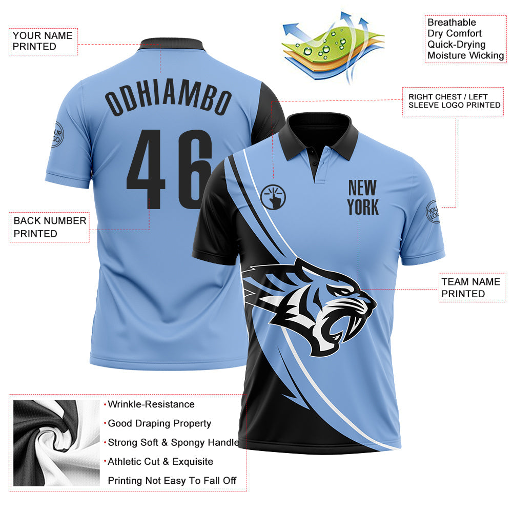 Custom Light Blue Black-White 3D Pattern Design Animal Tiger Performance Polo Shirt view 3
