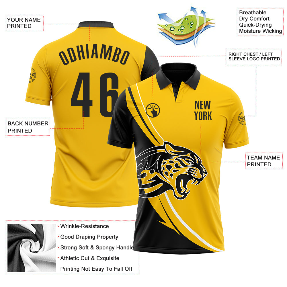 Custom Yellow Black-White 3D Pattern Design Animal Leopard Performance Polo Shirt view 3