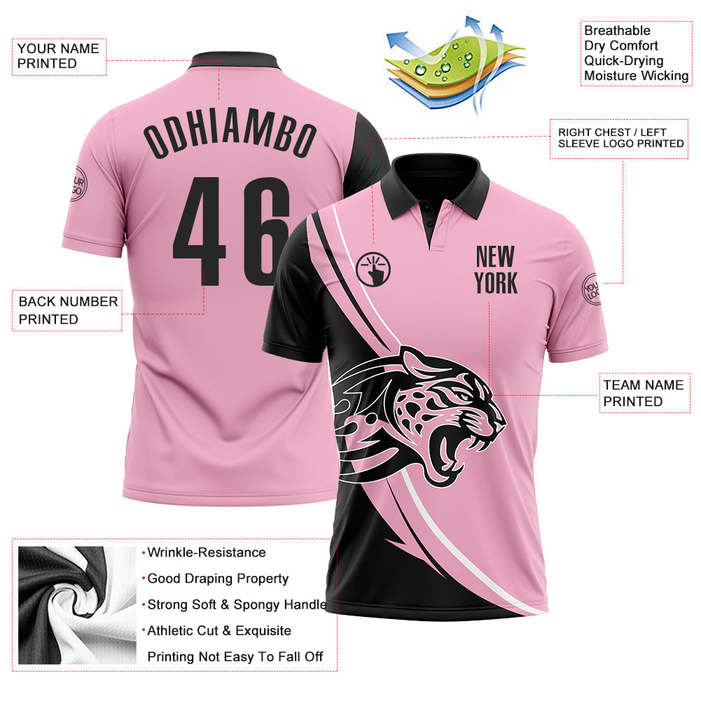 Custom Light Pink Black-White 3D Pattern Design Animal Leopard Performance Polo Shirt view 3