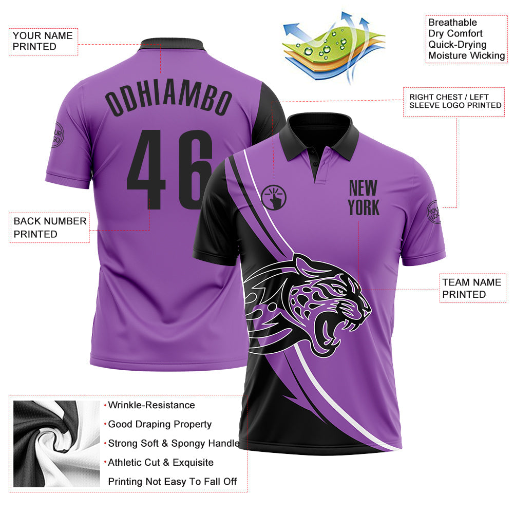 Custom Medium Purple Black-White 3D Pattern Design Animal Leopard Performance Polo Shirt view 3