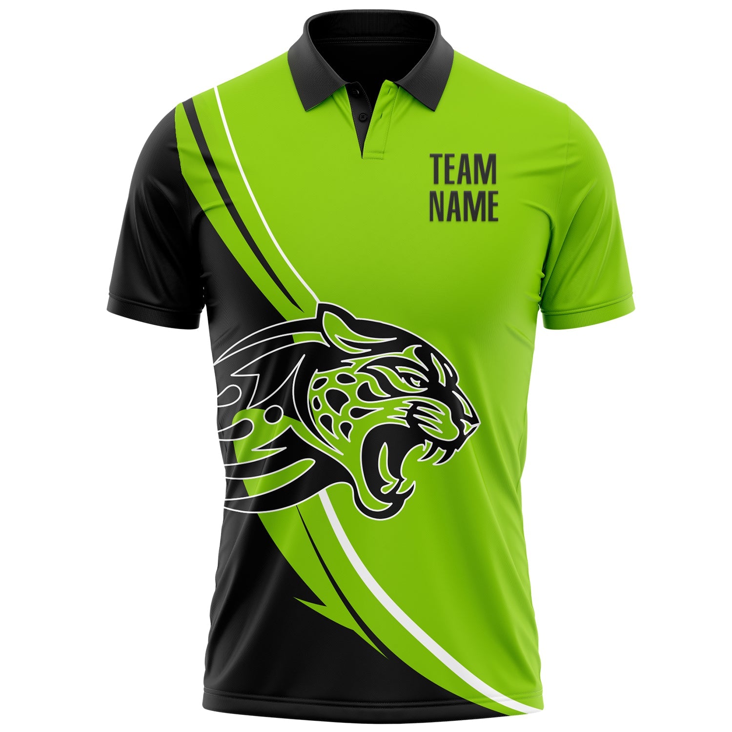 Custom Neon Green Black-White 3D Pattern Design Animal Leopard Performance Polo Shirt view 2