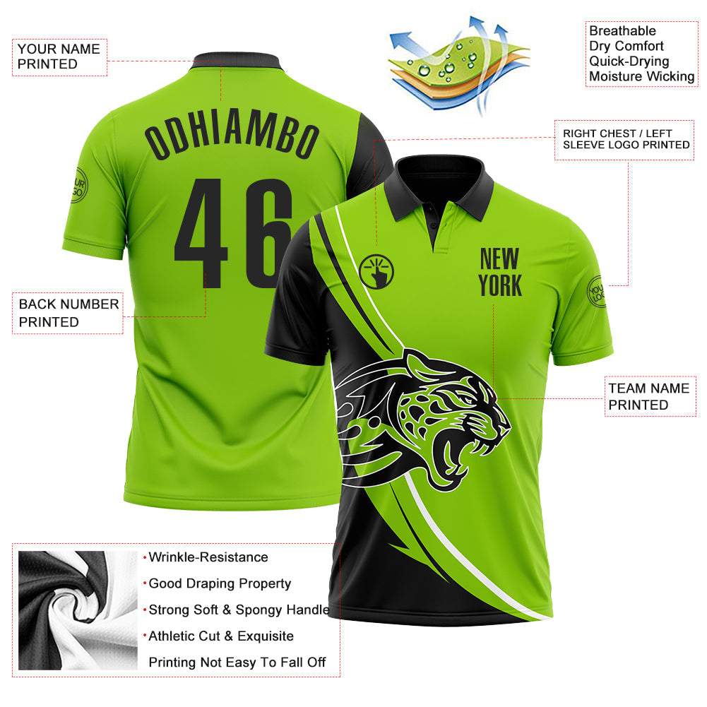 Custom Neon Green Black-White 3D Pattern Design Animal Leopard Performance Polo Shirt view 3