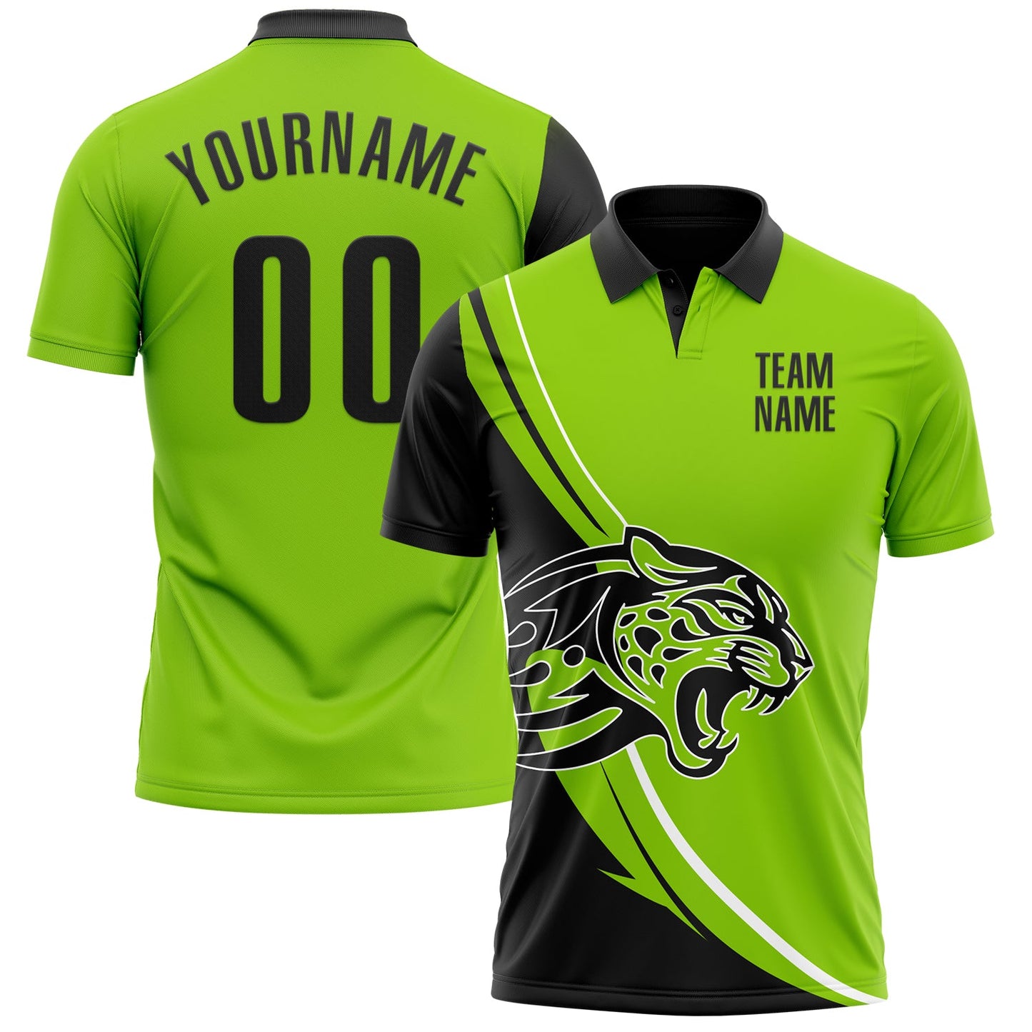 Custom Neon Green Black-White 3D Pattern Design Animal Leopard Performance Polo Shirt - Main View