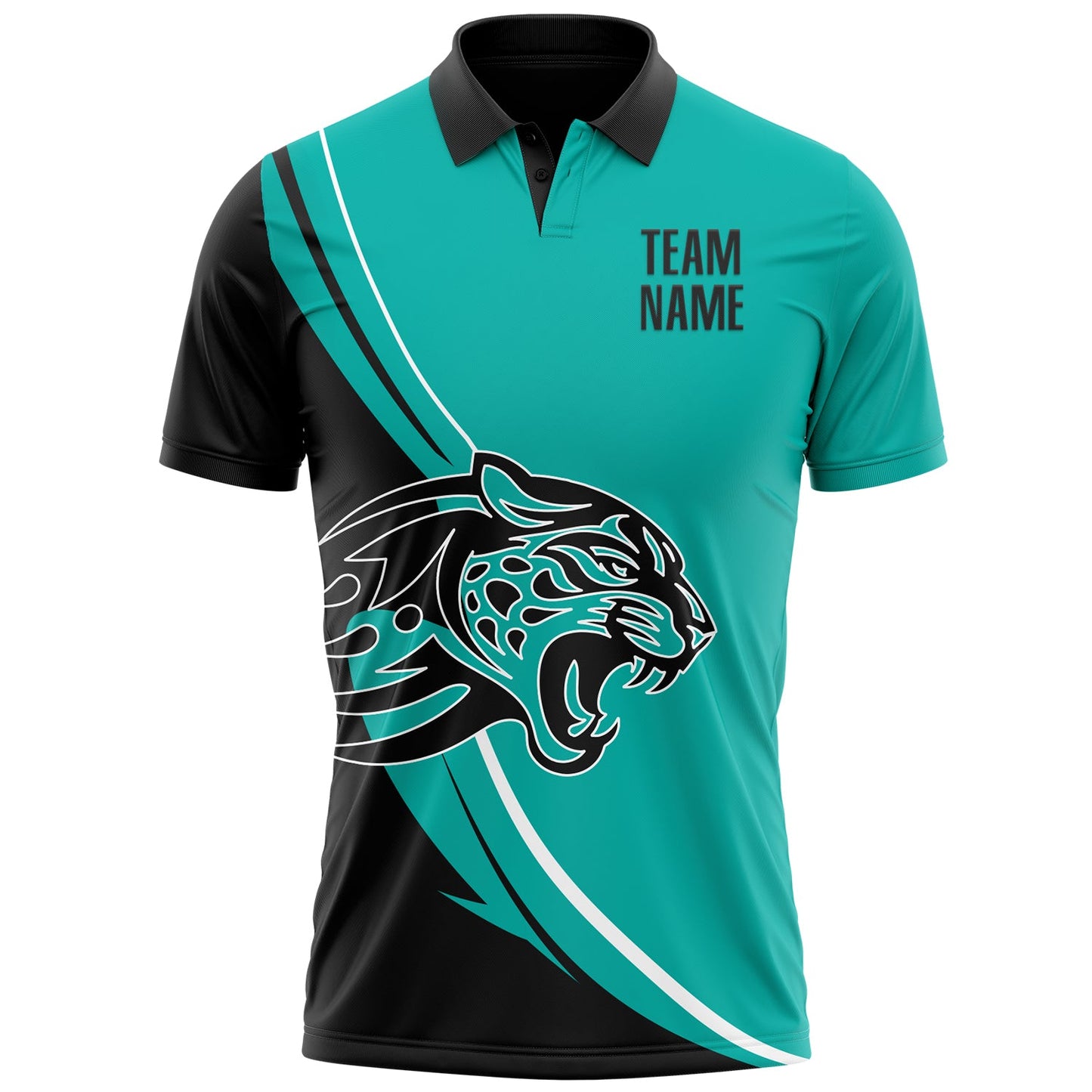 Custom Aqua Black-White 3D Pattern Design Animal Leopard Performance Polo Shirt view 2