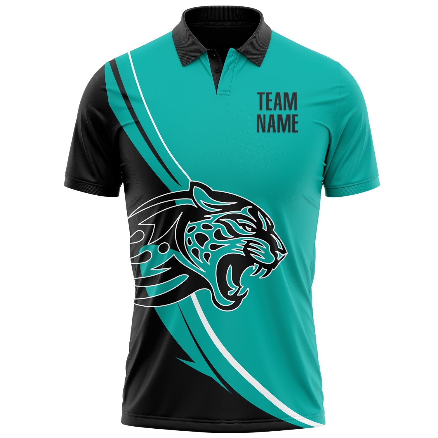 Custom Aqua Black-White 3D Pattern Design Animal Leopard Performance Polo Shirt view 2