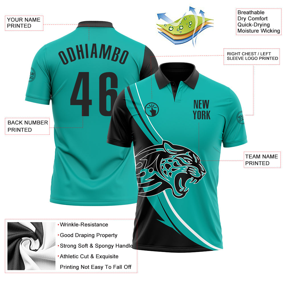 Custom Aqua Black-White 3D Pattern Design Animal Leopard Performance Polo Shirt view 3