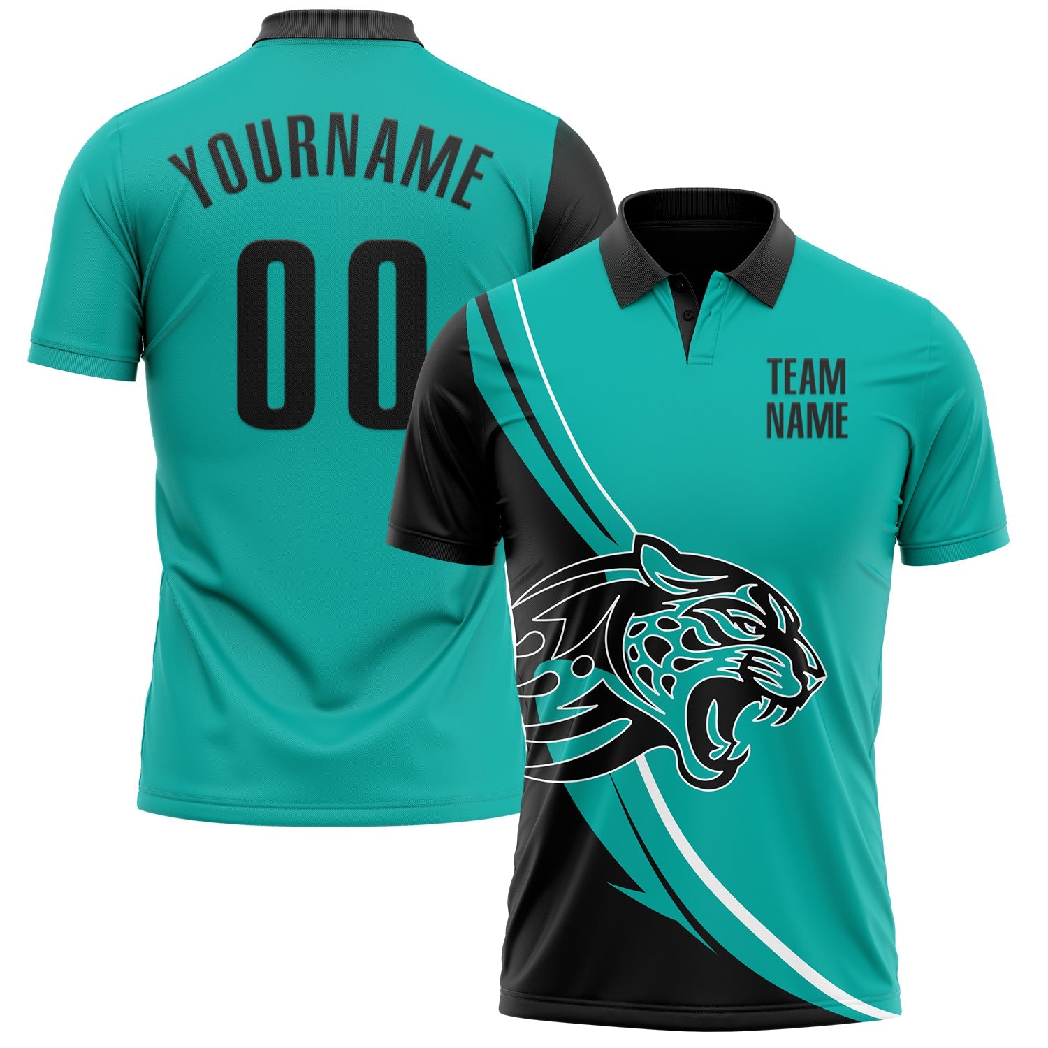 Custom Aqua Black-White 3D Pattern Design Animal Leopard Performance Polo Shirt - Main View