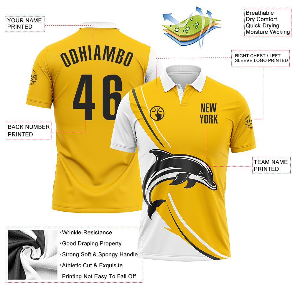 Custom Yellow Black-White 3D Pattern Design Animal Dolphin Performance Polo Shirt view 3