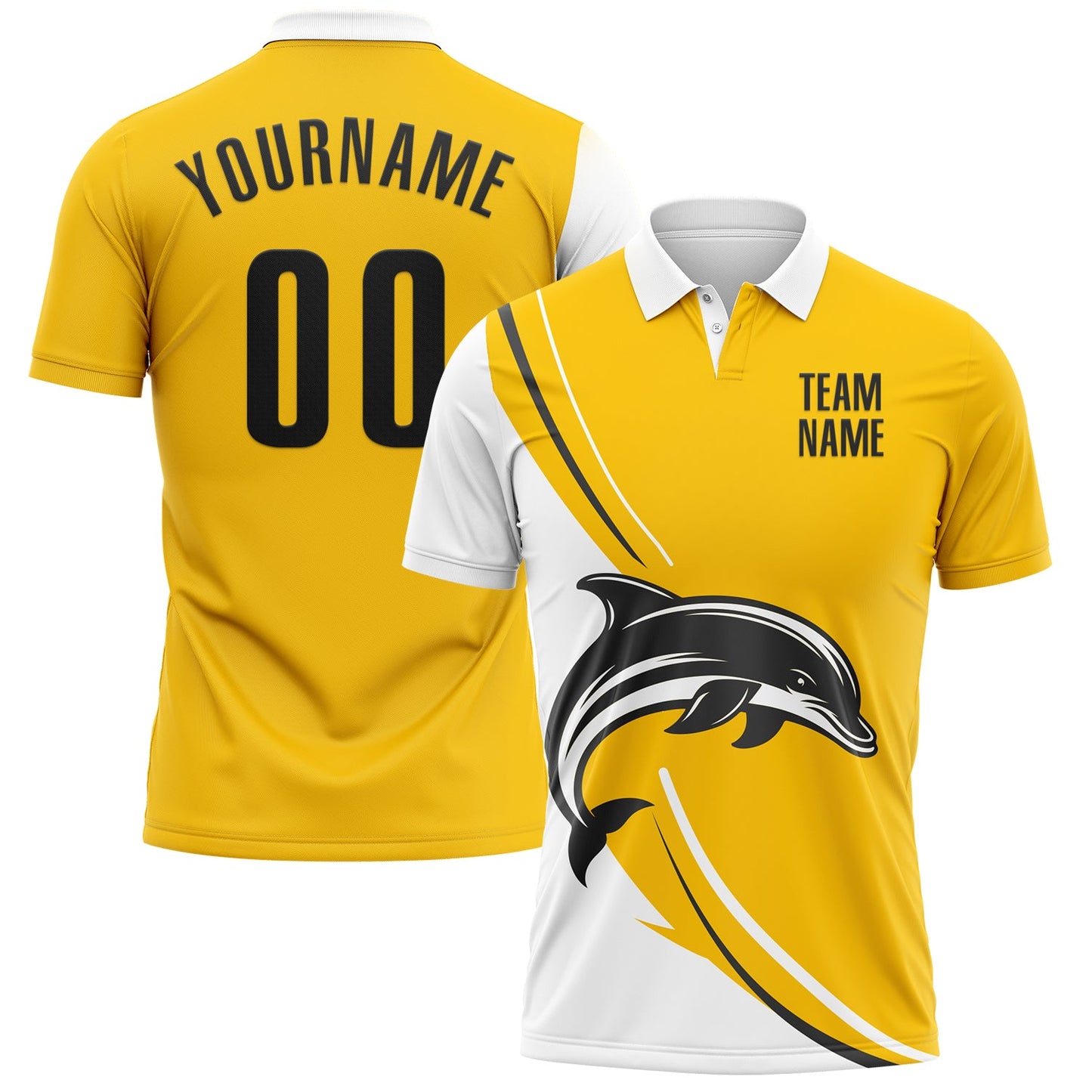Custom Yellow Black-White 3D Pattern Design Animal Dolphin Performance Polo Shirt - Main View