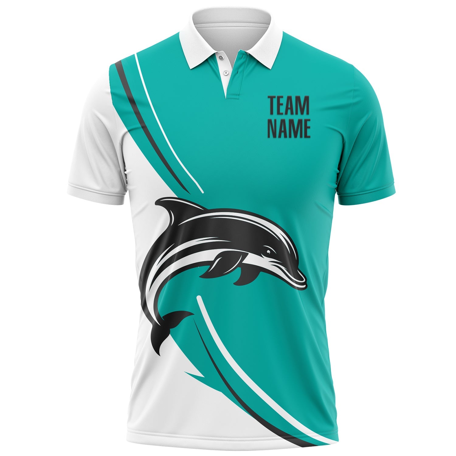 Custom Aqua Black-White 3D Pattern Design Animal Dolphin Performance Polo Shirt view 2