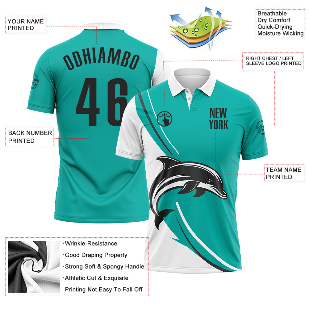Custom Aqua Black-White 3D Pattern Design Animal Dolphin Performance Polo Shirt view 3