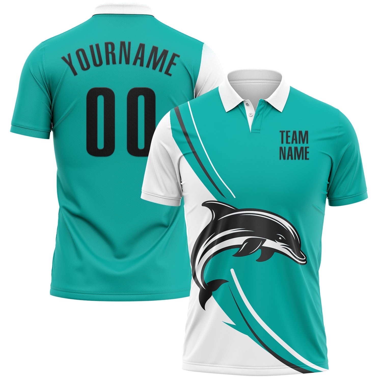 Custom Aqua Black-White 3D Pattern Design Animal Dolphin Performance Polo Shirt - Main View