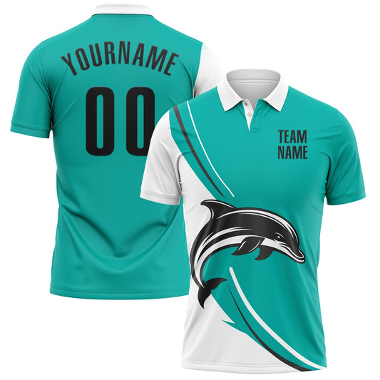 Custom Aqua Black-White 3D Pattern Design Animal Dolphin Performance Polo Shirt - Main View