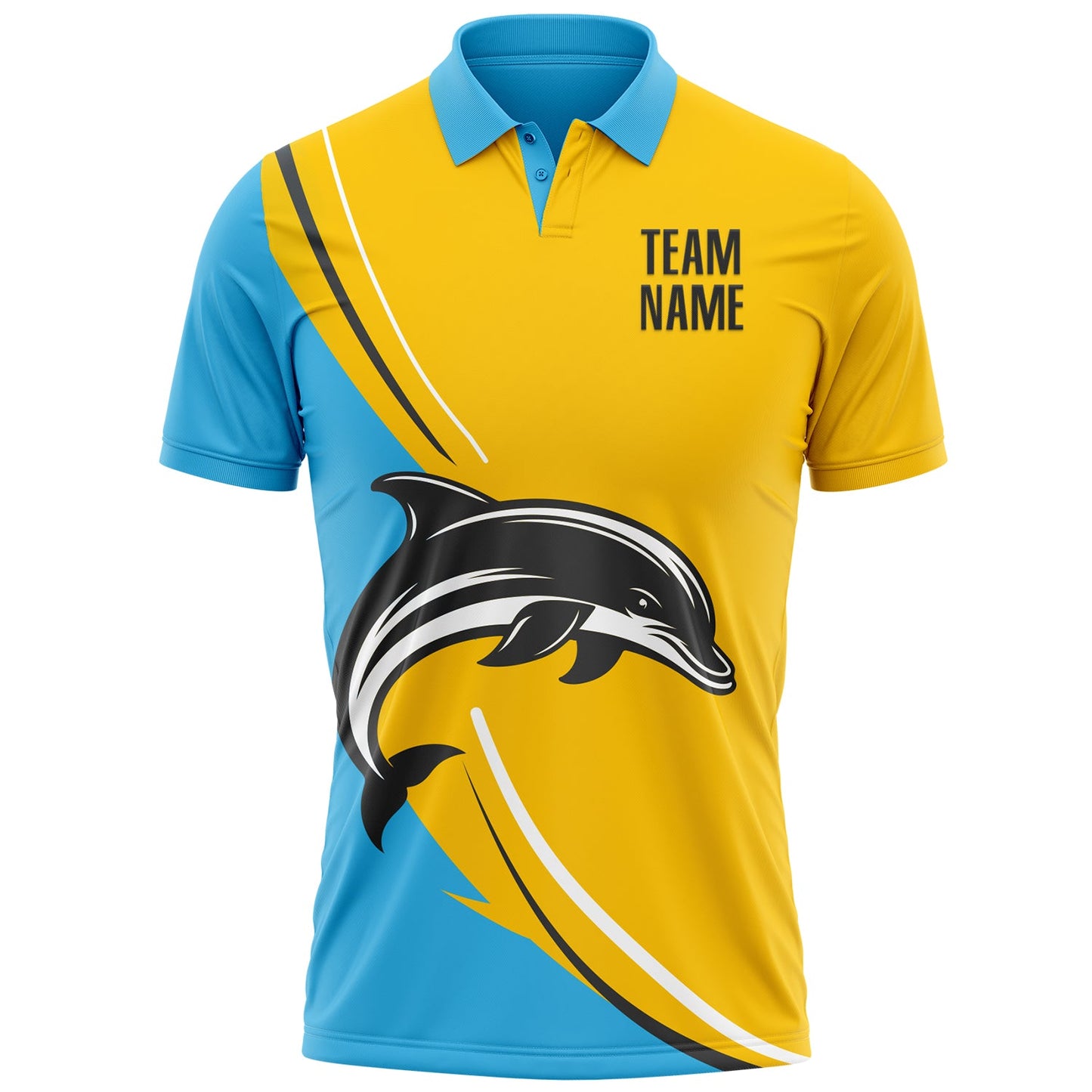 Custom Yellow Black-Sky Blue 3D Pattern Design Animal Dolphin Performance Polo Shirt view 2