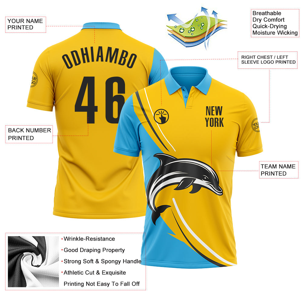 Custom Yellow Black-Sky Blue 3D Pattern Design Animal Dolphin Performance Polo Shirt view 3