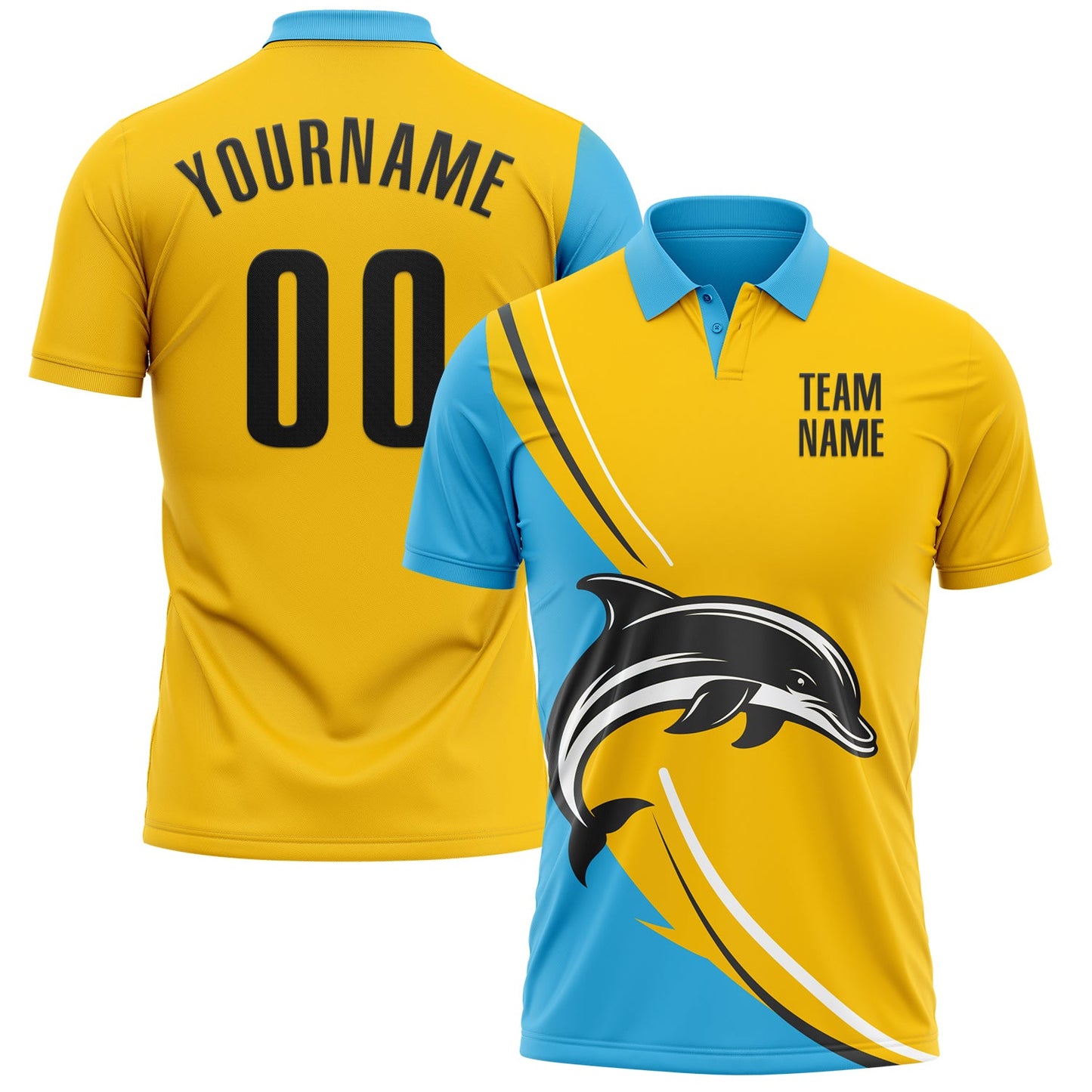 Custom Yellow Black-Sky Blue 3D Pattern Design Animal Dolphin Performance Polo Shirt - Main View