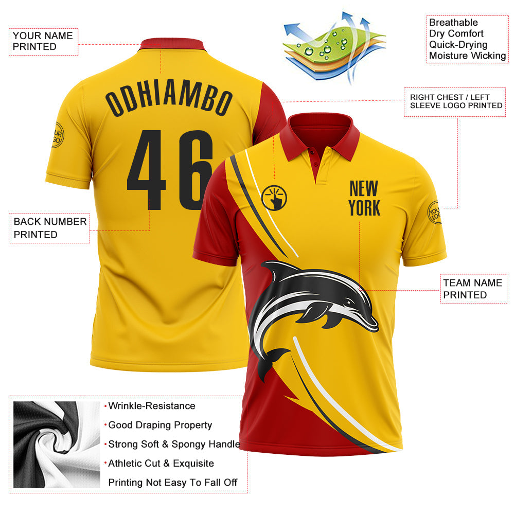 Custom Yellow Black-Red 3D Pattern Design Animal Dolphin Performance Polo Shirt view 3
