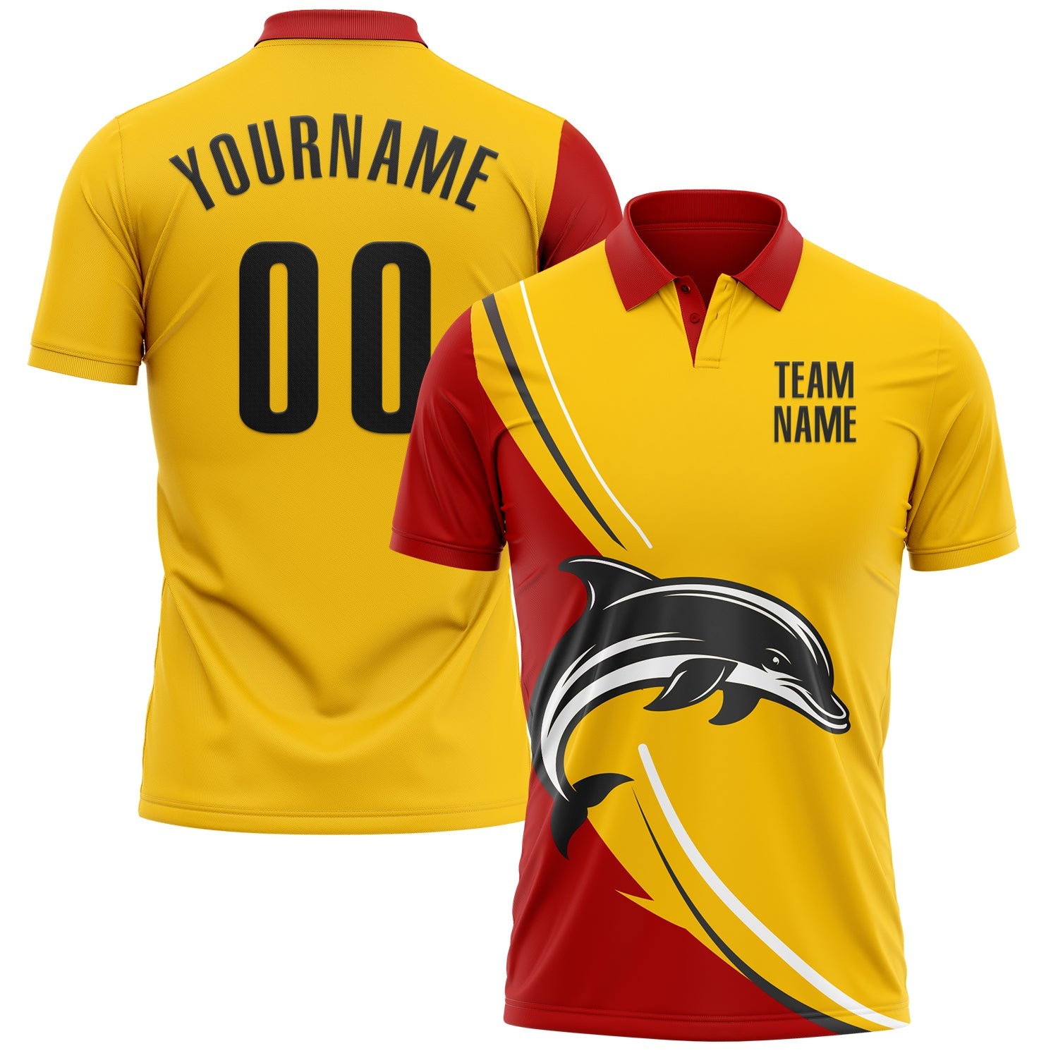 Custom Yellow Black-Red 3D Pattern Design Animal Dolphin Performance Polo Shirt - Main View