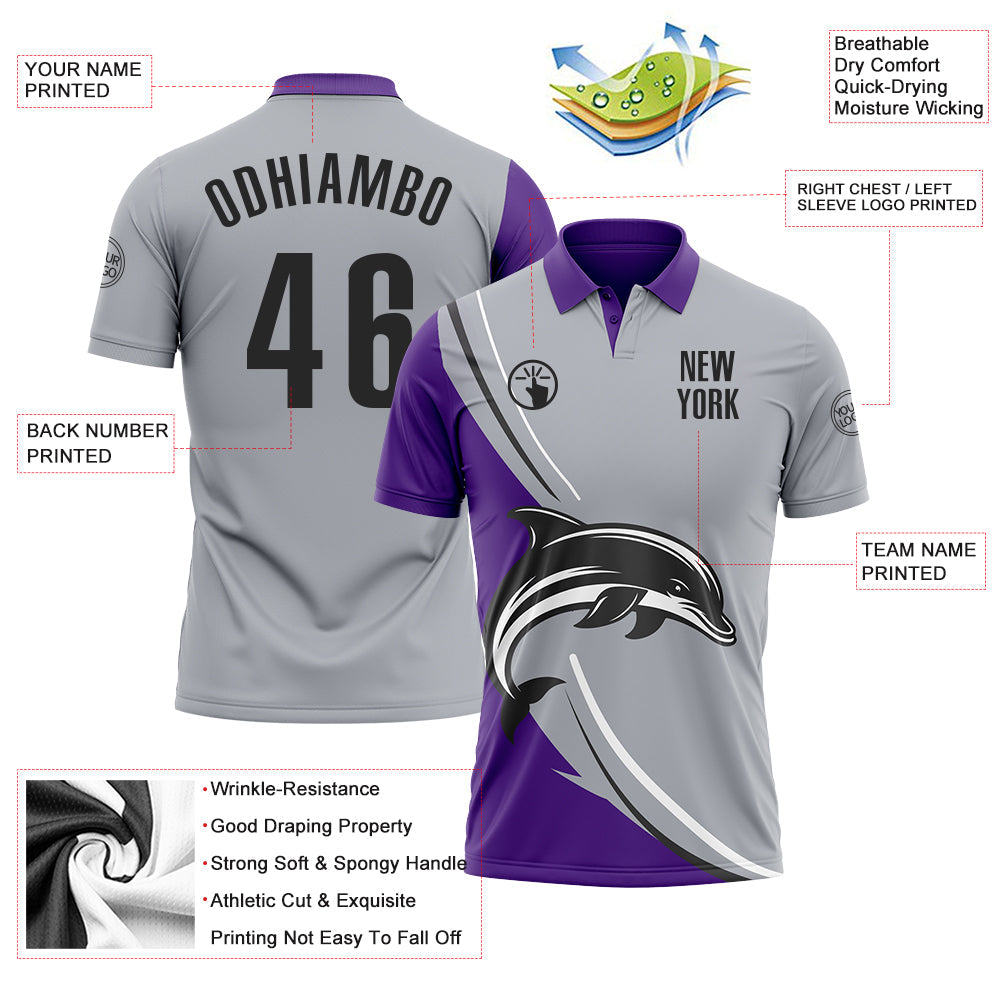 Custom Gray Black-Purple 3D Pattern Design Animal Dolphin Performance Polo Shirt view 3