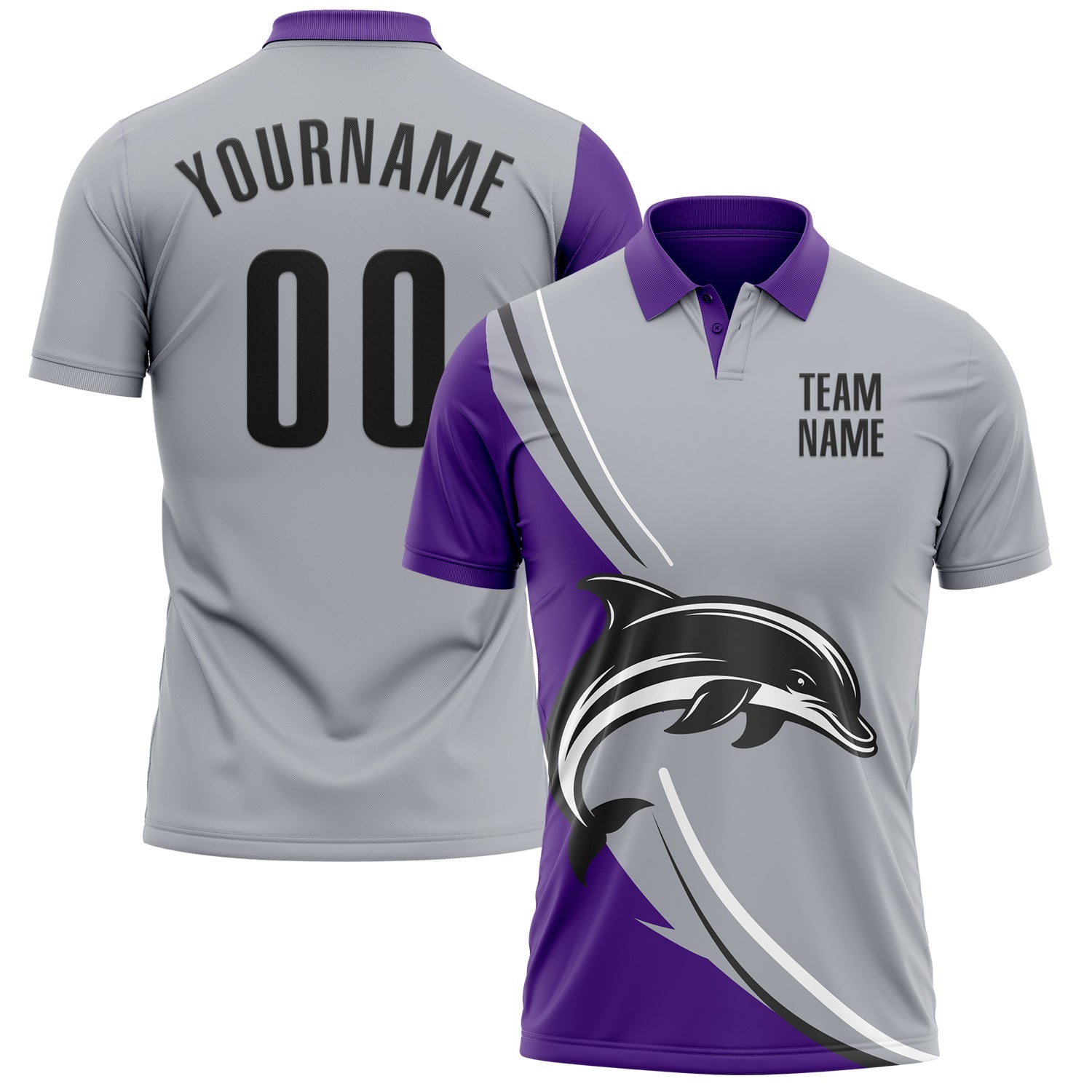 Custom Gray Black-Purple 3D Pattern Design Animal Dolphin Performance Polo Shirt - Main View