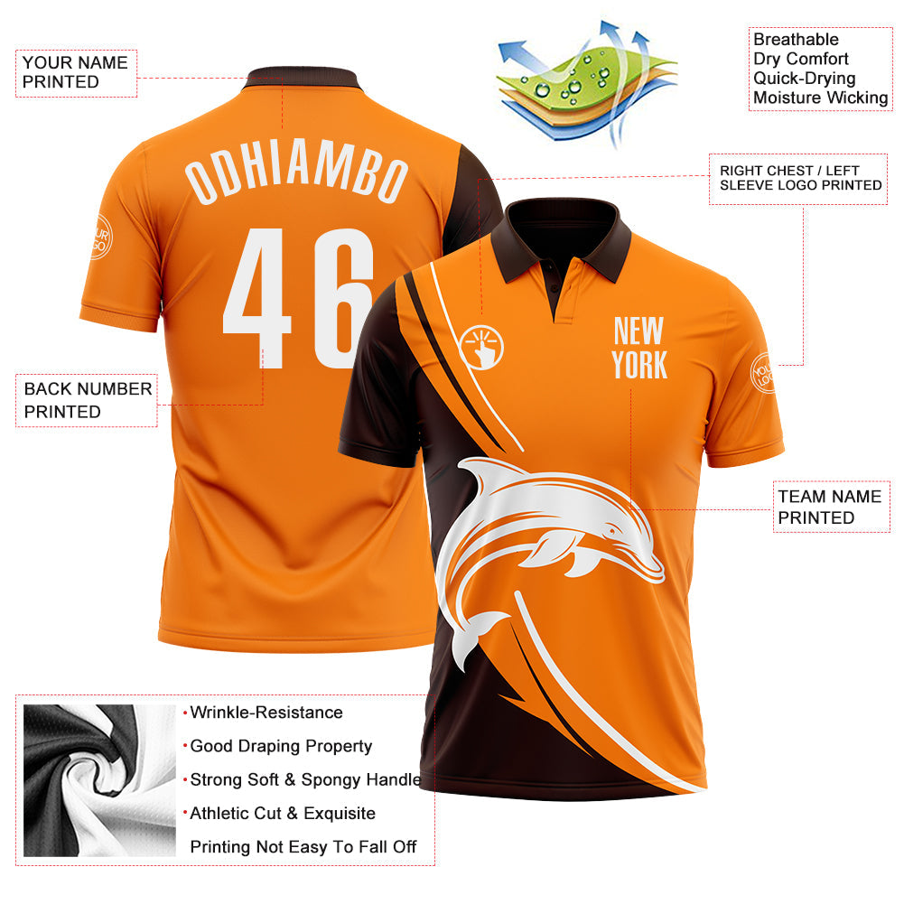 Custom Bay Orange White-Brown 3D Pattern Design Animal Dolphin Performance Polo Shirt view 3