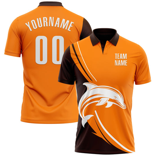 Custom Bay Orange White-Brown 3D Pattern Design Animal Dolphin Performance Polo Shirt - Main View