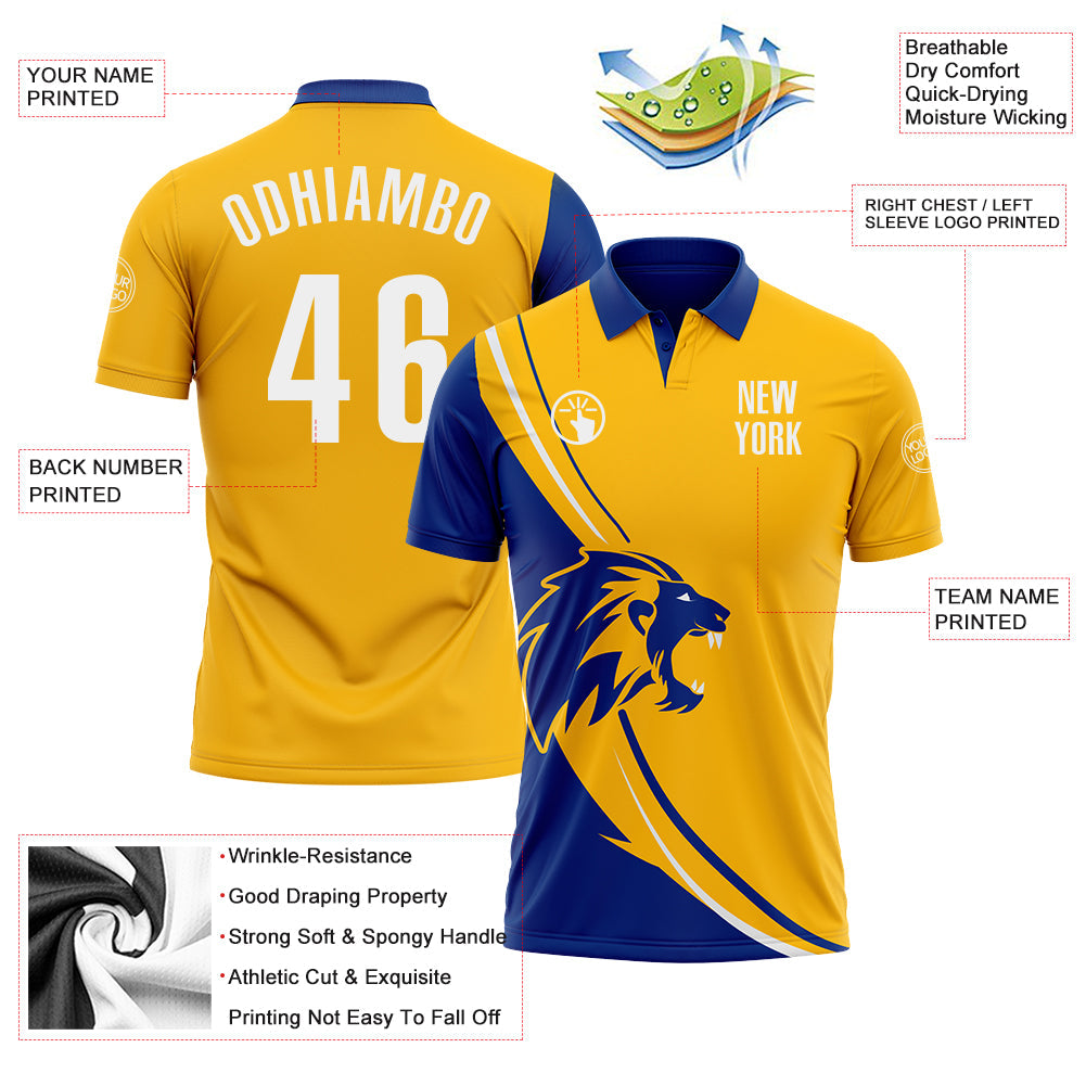Custom Gold White-Royal 3D Pattern Design Animal Lion Performance Polo Shirt view 3