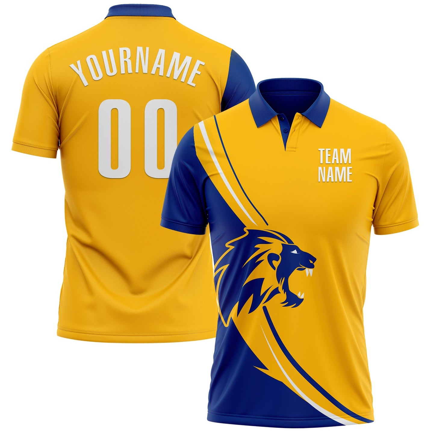 Custom Gold White-Royal 3D Pattern Design Animal Lion Performance Polo Shirt - Main View