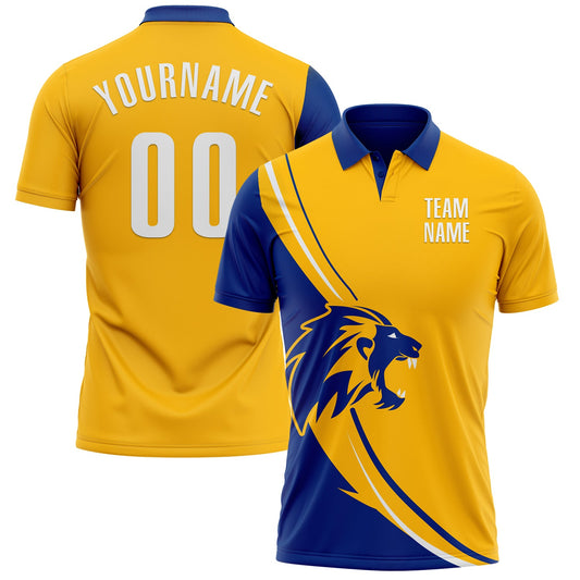 Custom Gold White-Royal 3D Pattern Design Animal Lion Performance Polo Shirt - Main View