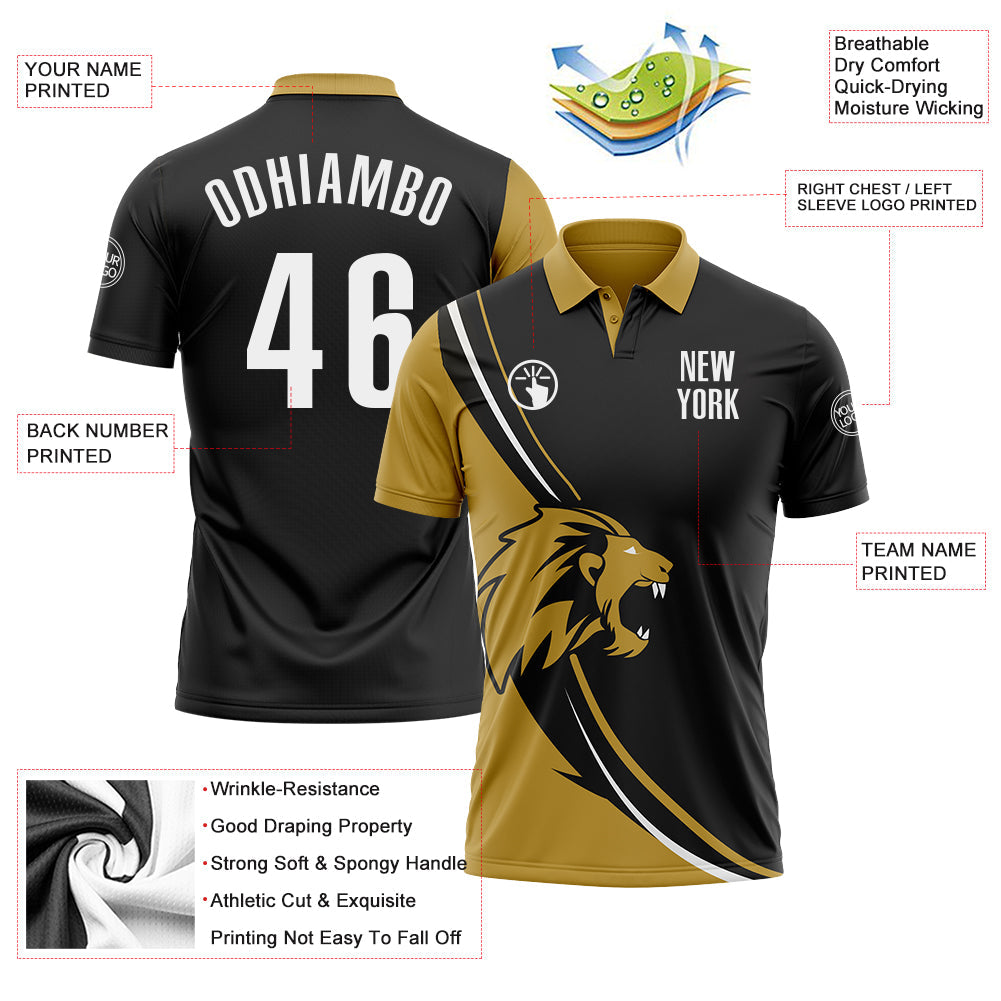 Custom Black White-Old Gold 3D Pattern Design Animal Lion Performance Polo Shirt view 3