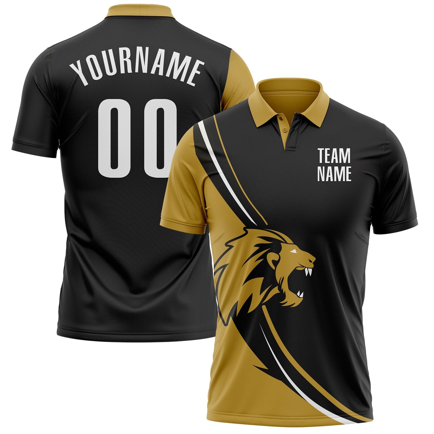 Custom Black White-Old Gold 3D Pattern Design Animal Lion Performance Polo Shirt - Main View