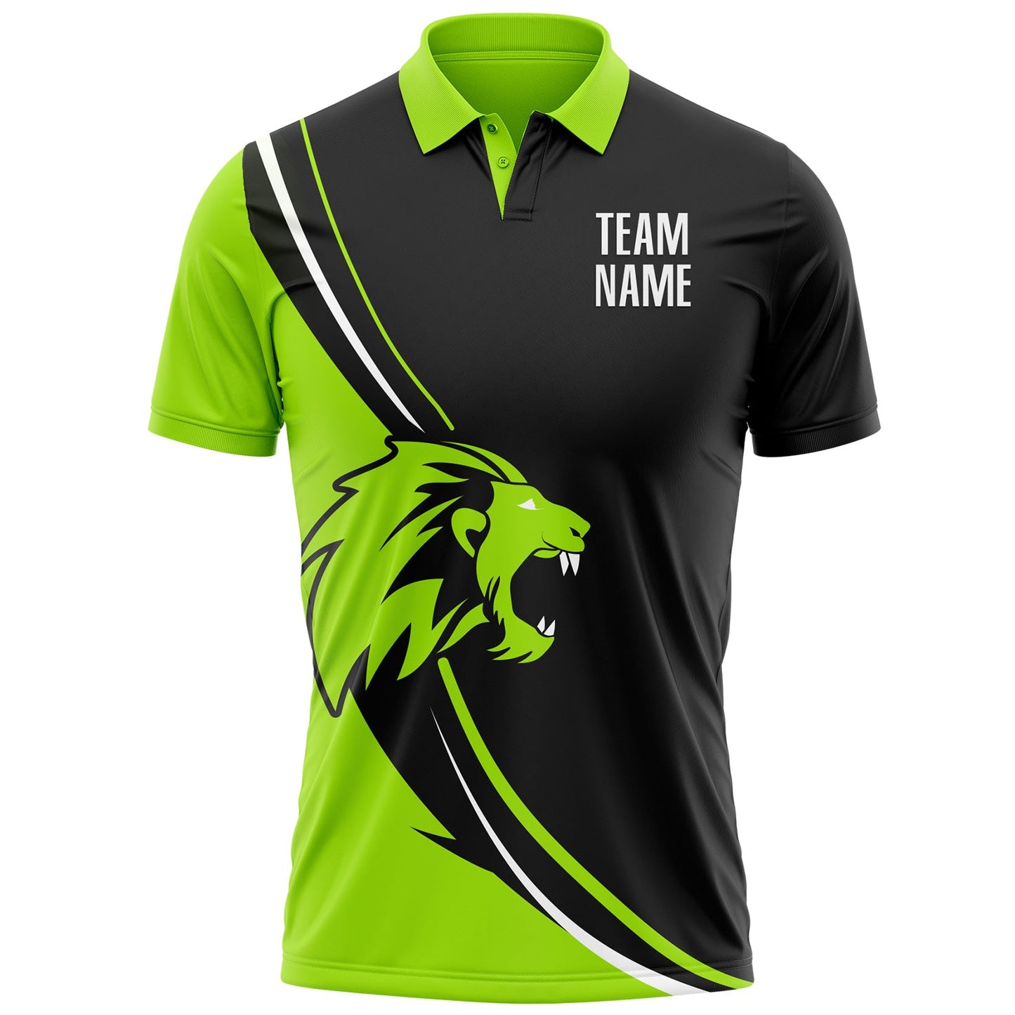 Custom Black White-Neon Green 3D Pattern Design Animal Lion Performance Polo Shirt view 2