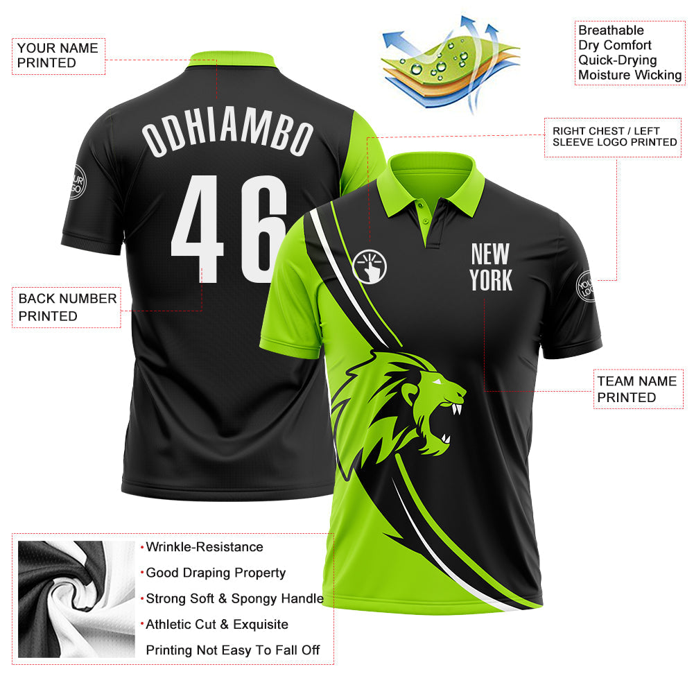 Custom Black White-Neon Green 3D Pattern Design Animal Lion Performance Polo Shirt view 3