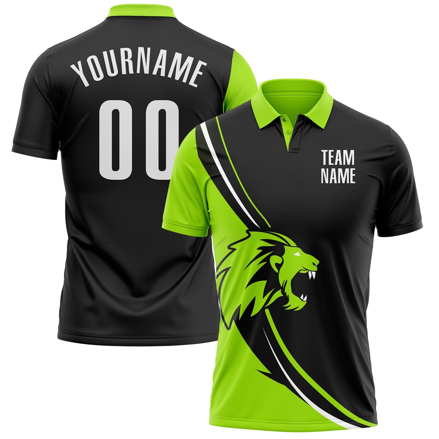 Custom Black White-Neon Green 3D Pattern Design Animal Lion Performance Polo Shirt - Main View