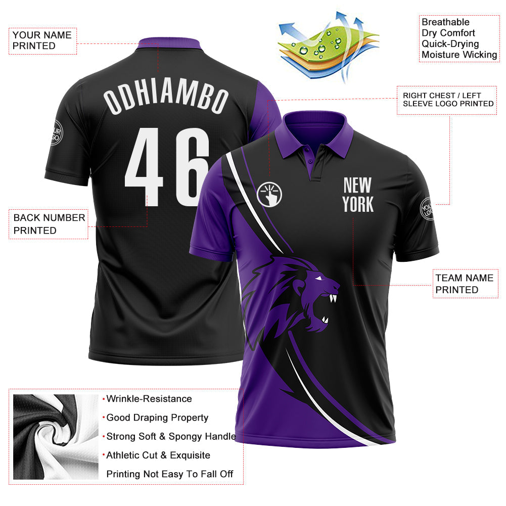 Custom Black White-Purple 3D Pattern Design Animal Lion Performance Polo Shirt view 3