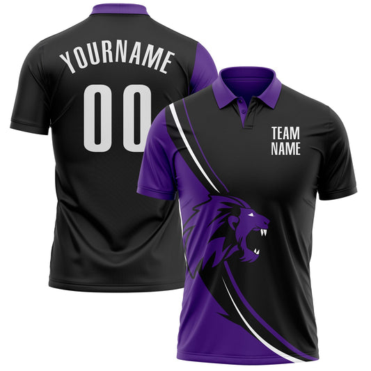 Custom Black White-Purple 3D Pattern Design Animal Lion Performance Polo Shirt - Main View