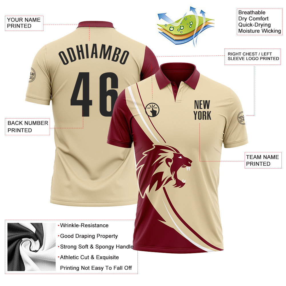 Custom Cream Black-Crimson 3D Pattern Design Animal Lion Performance Polo Shirt view 3