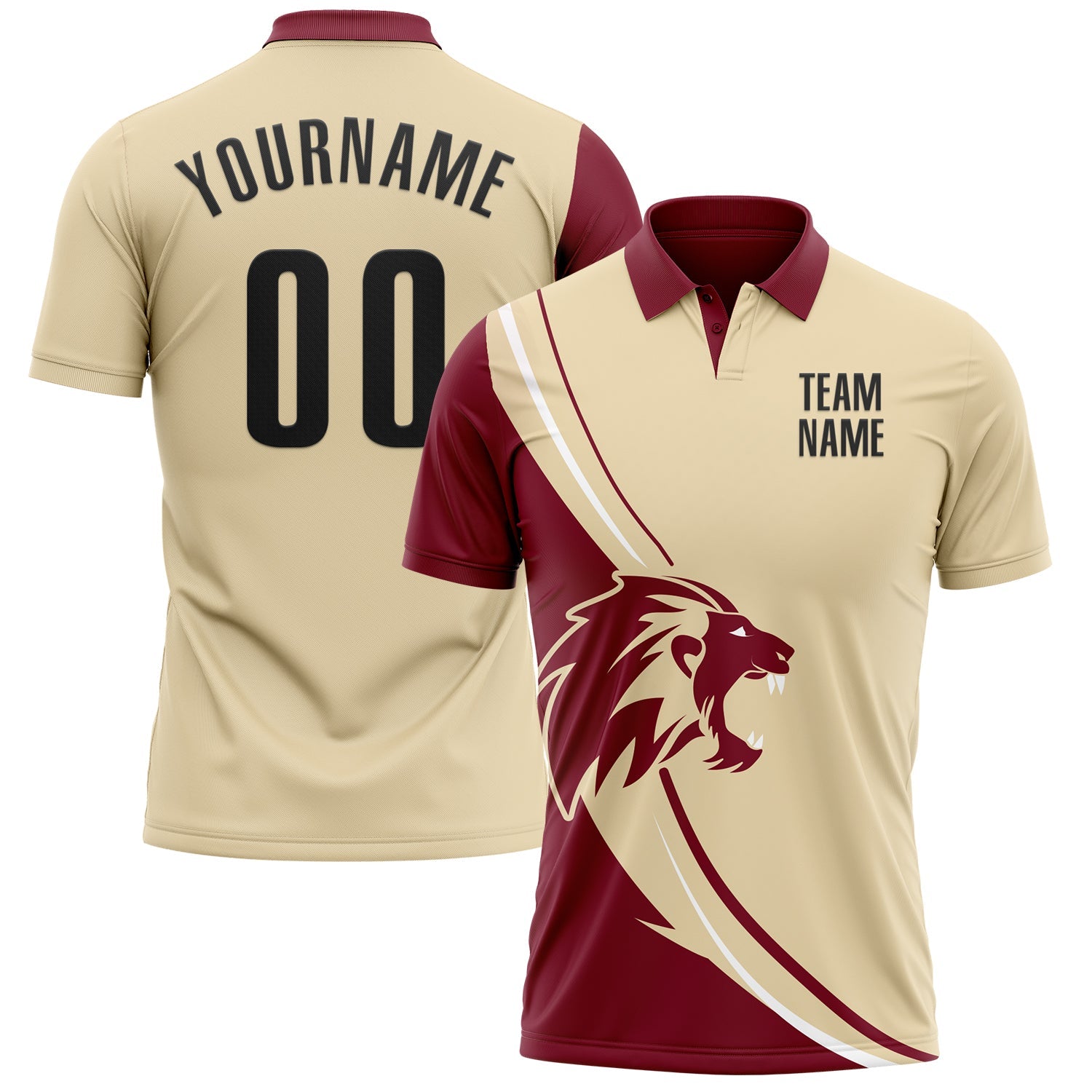 Custom Cream Black-Crimson 3D Pattern Design Animal Lion Performance Polo Shirt - Main View