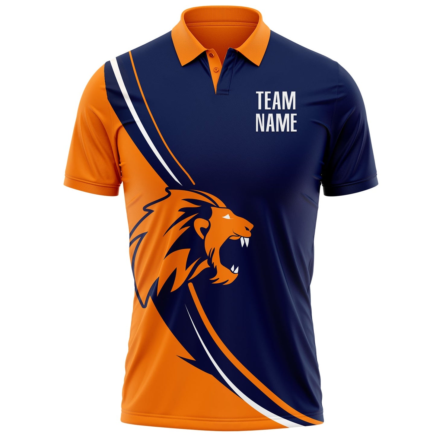 Custom Navy White-Bay Orange 3D Pattern Design Animal Lion Performance Polo Shirt view 2