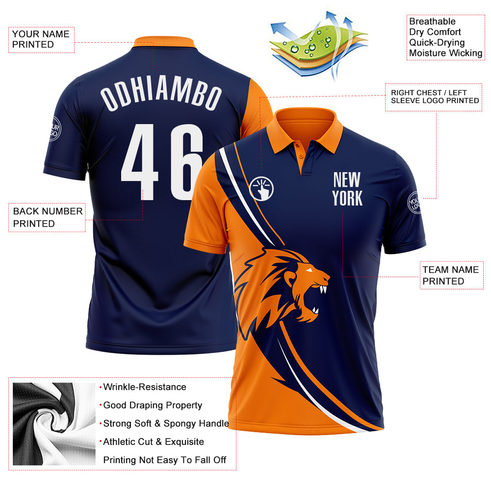 Custom Navy White-Bay Orange 3D Pattern Design Animal Lion Performance Polo Shirt view 3