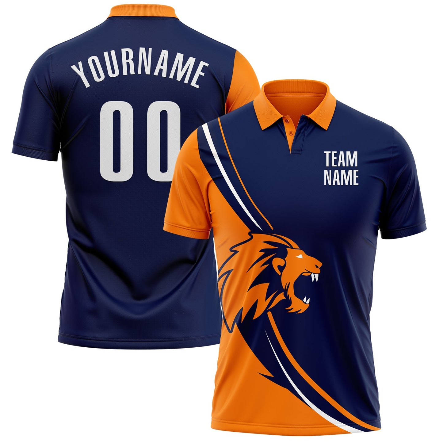 Custom Navy White-Bay Orange 3D Pattern Design Animal Lion Performance Polo Shirt - Main View